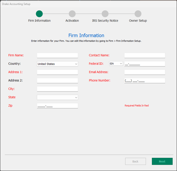 Setup Firm Information screen